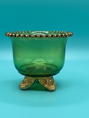 EAPG EMERALD GREEN COLORADO LACY MEDALLION US GLASS Footed Toothpick Holder Bowl